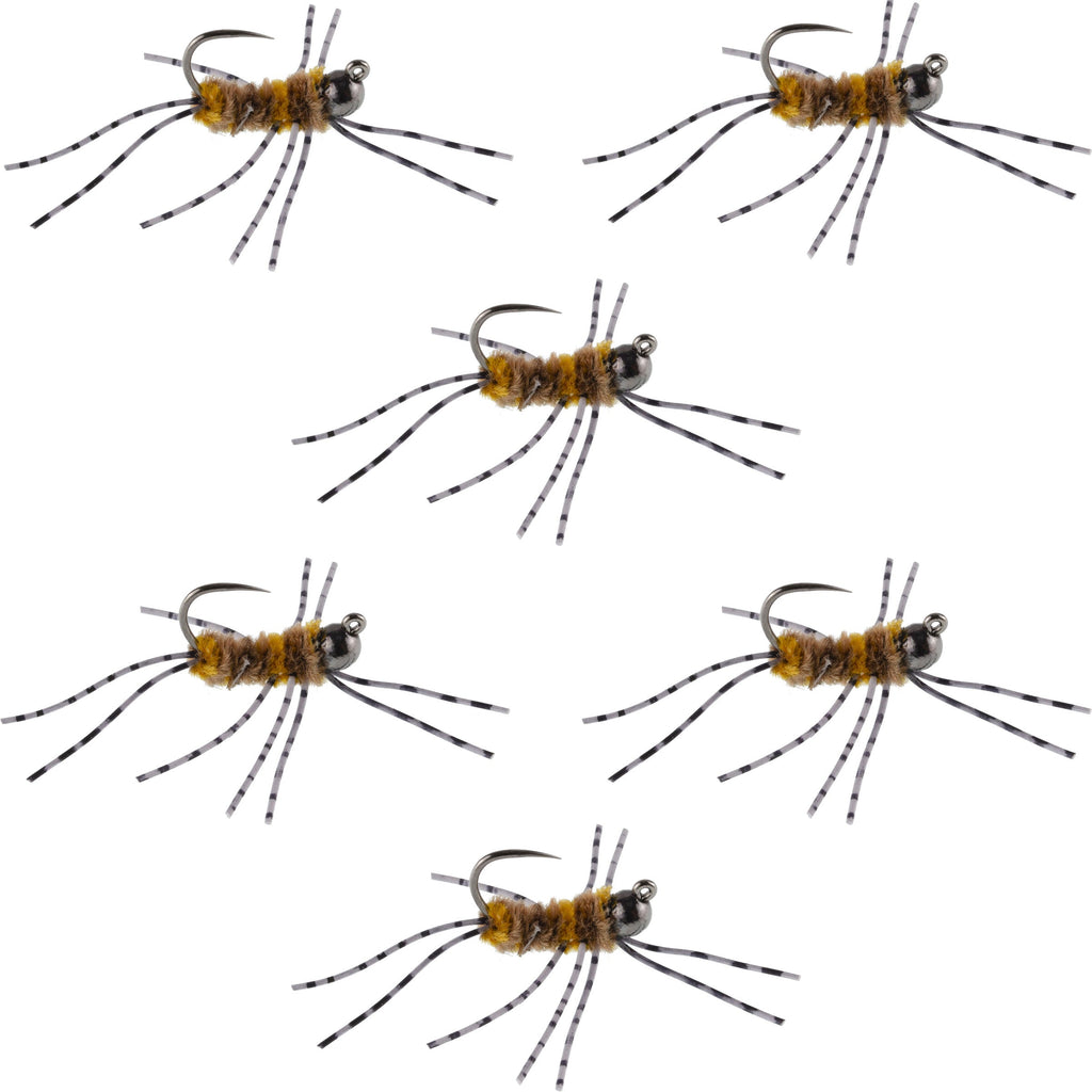 Barbless Pat's Barred Rubber Legs Tungsten Bead Jigged Coffee/Tan Euro Nymph  - Set of 6 Flies Hook Size 6
