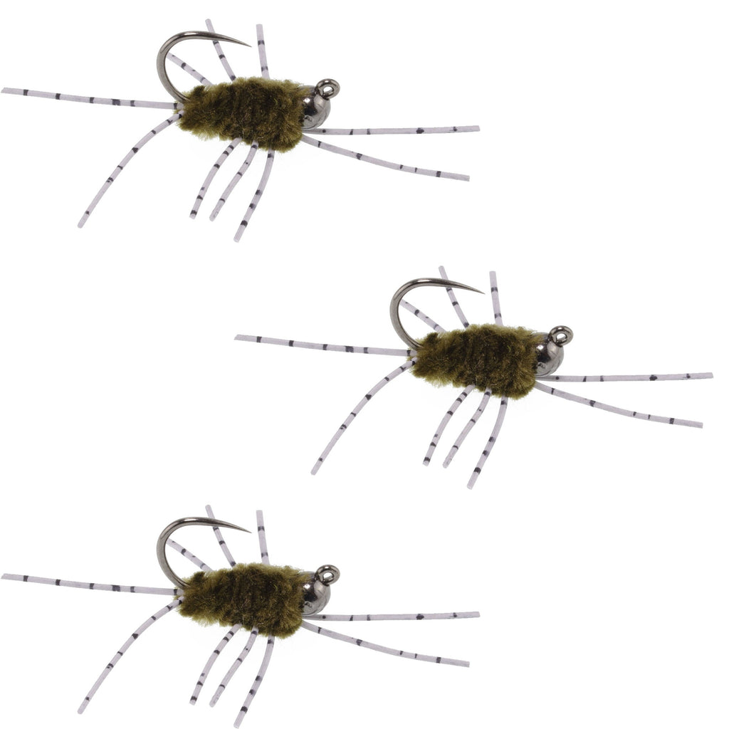 3 Pack Barbless Pat's Barred Rubber Legs Tungsten Bead Jigged Dark Olive Euro Nymph  -  Hook Size 6
