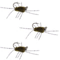 3 Pack Barbless Pat's Barred Rubber Legs Tungsten Bead Jigged Dark Olive Euro Nymph  -  Hook Size 6