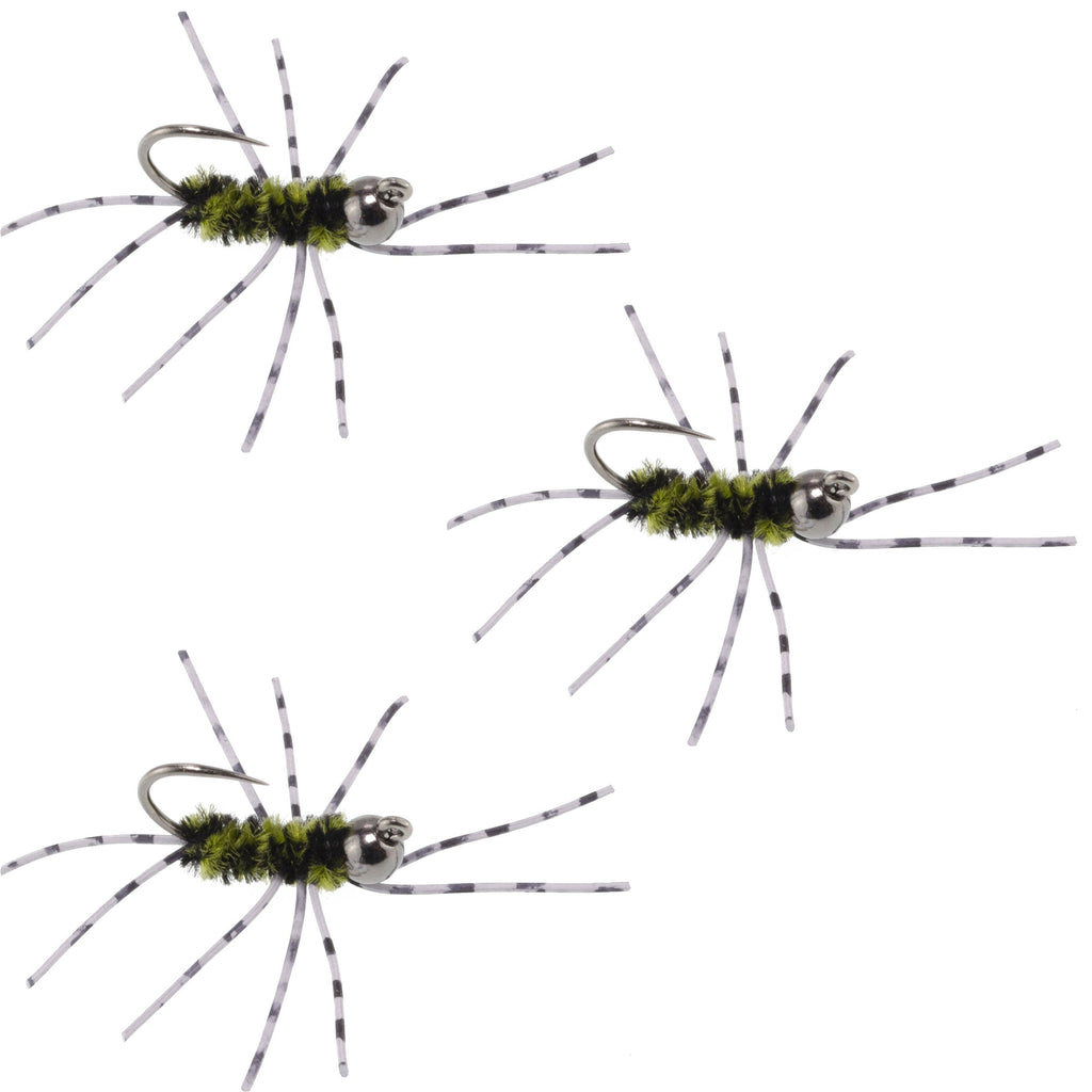 3 Pack Barbless Pat's Barred Rubber Legs Tungsten Bead Jigged Black/Olive Euro Nymph  - Hook Size 6