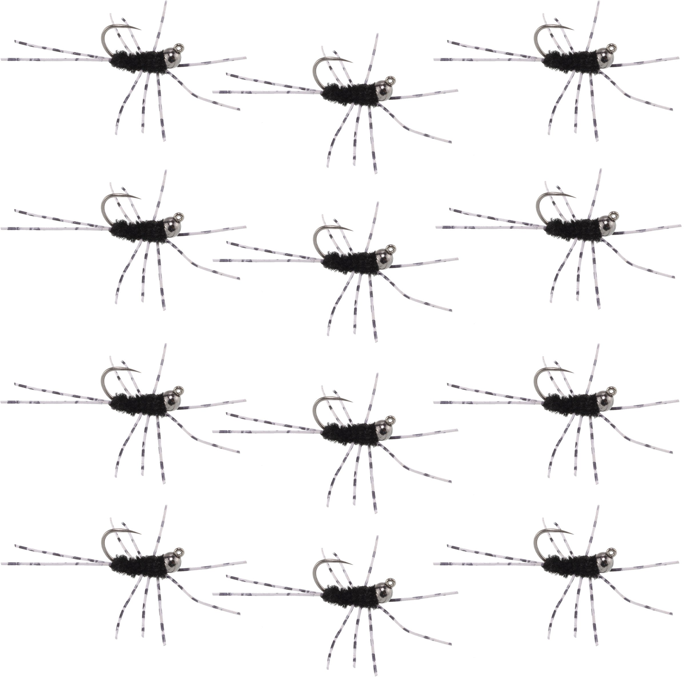 Barbless Pat's Barred Rubber Legs Tungsten Bead Jigged Black Euro Nymph  - Set of 12 Flies Hook Size 6