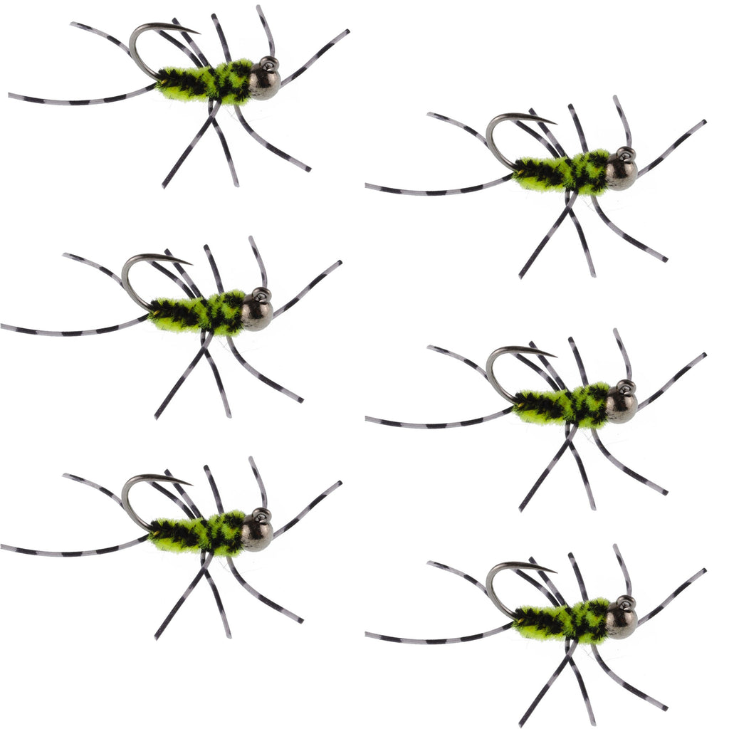 Barbless Pat's Barred Rubber Legs Tungsten Bead Jigged Black/Chartreuse Euro Nymph  - Set of 6 Flies Hook Size 6