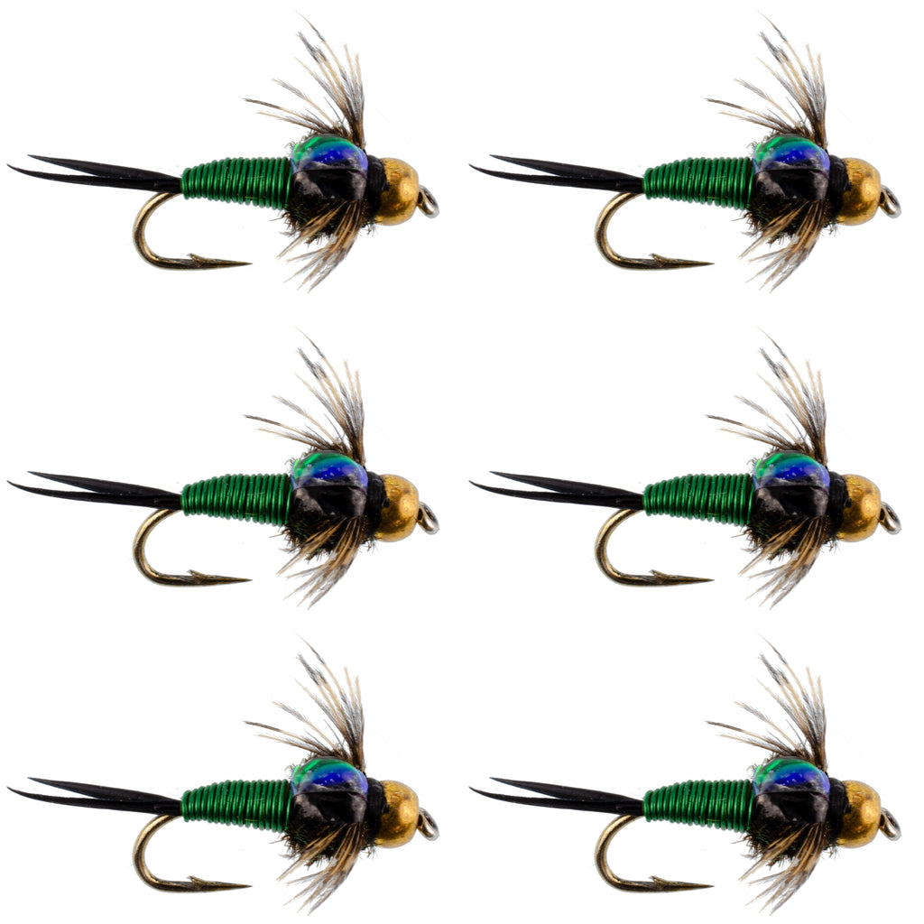 Bead Head Green Copper John Nymph Fly Fishing Flies - Set of 6 Flies Hook Size 14