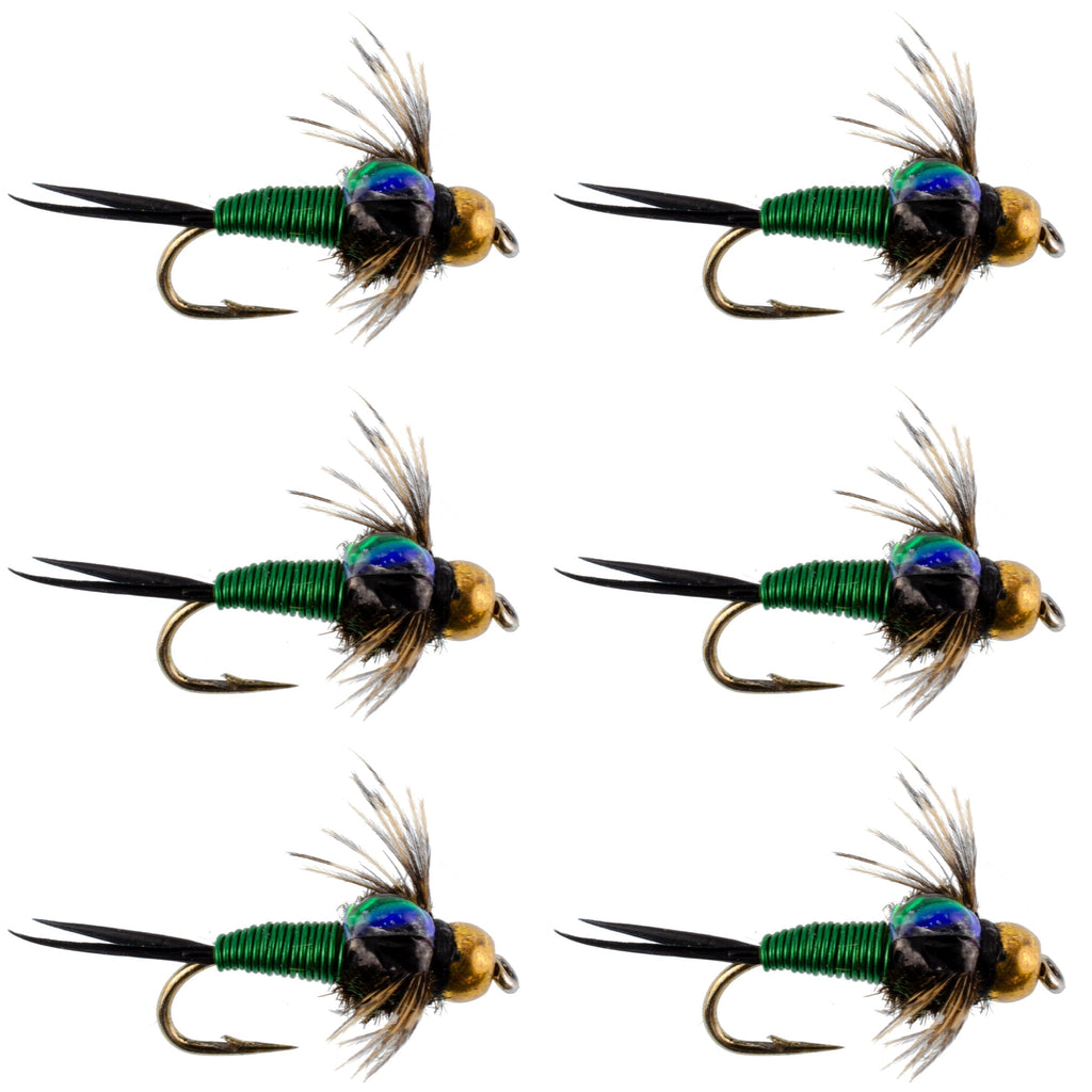 Bead Head Green Copper John Nymph Fly Fishing Flies - Set of 6 Flies Hook Size 18