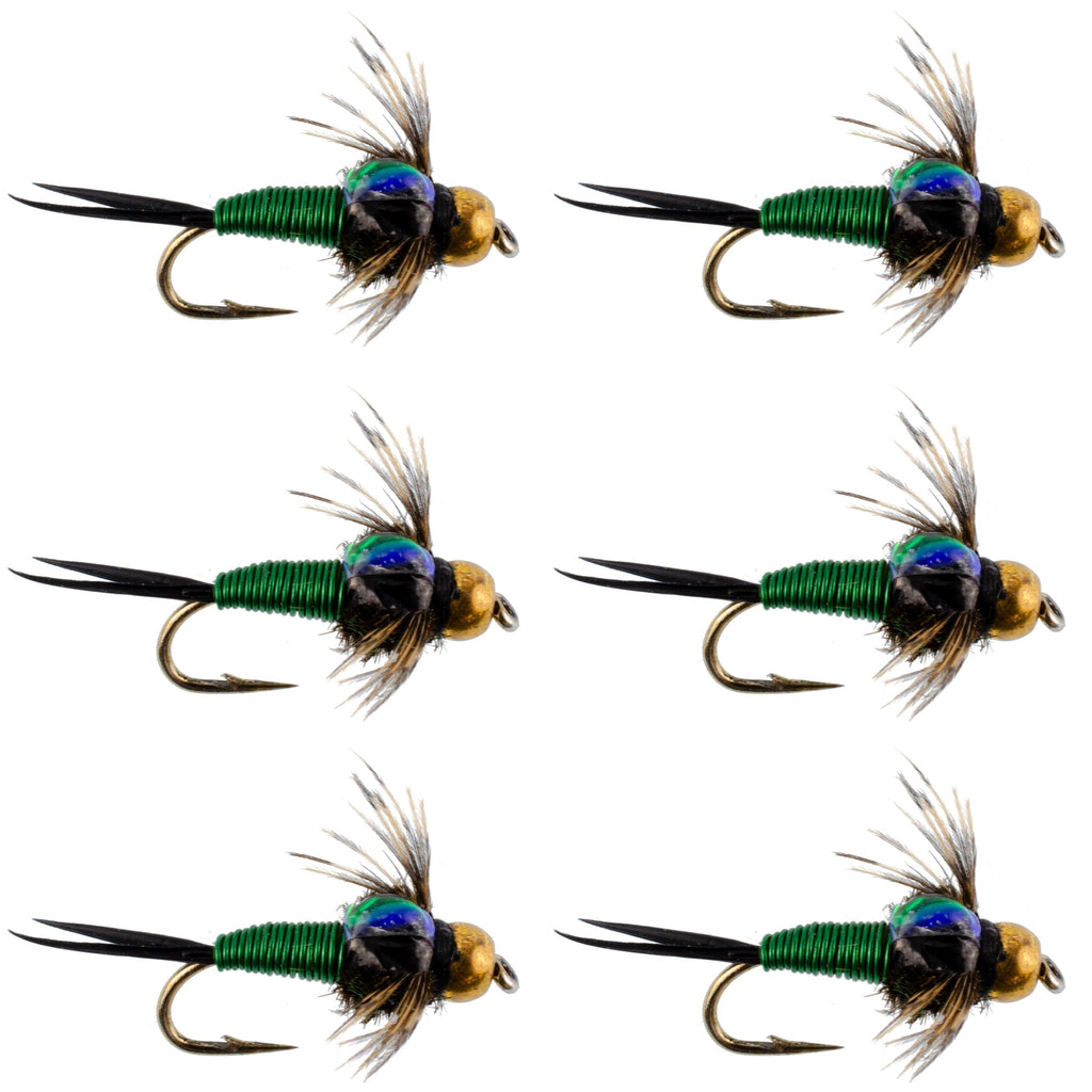 Bead Head Green Copper John Nymph Fly Fishing Flies - Set of 6 Flies Hook Size 12