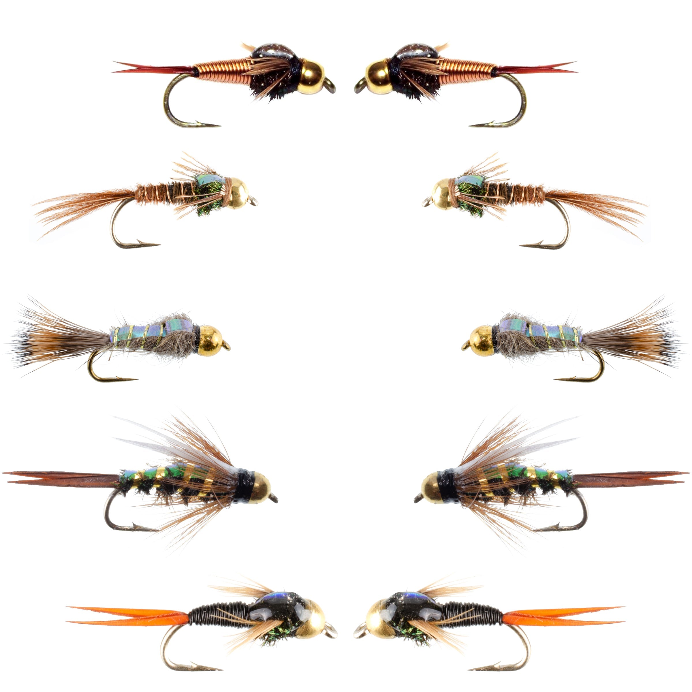 Basics Collection - Copper John and Flash Back Bead Head Nymph Assortment - 10 Wet Flies - 5 Patterns - Hook Sizes 10, 12, 14, 16