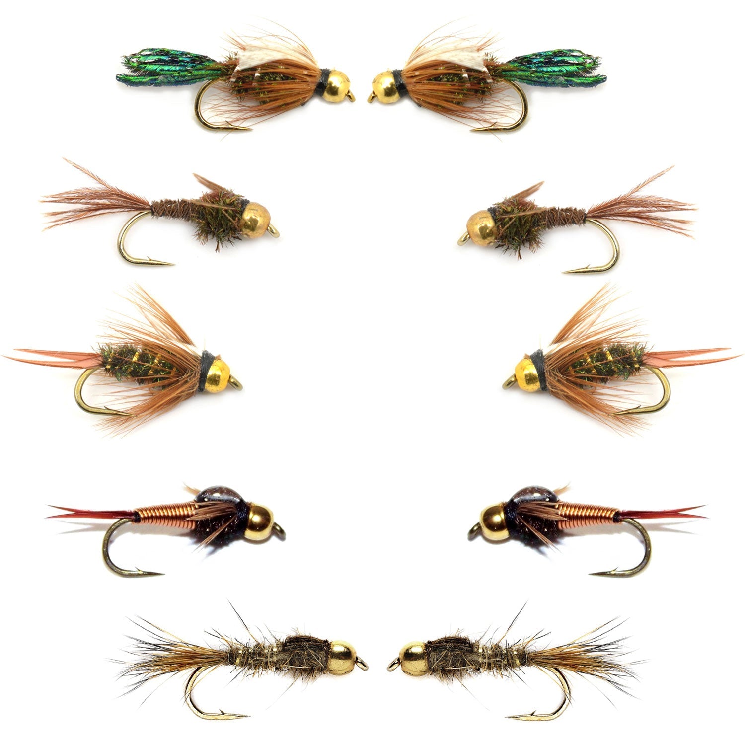 Basics Collection - Bead Head Nymph Assortment - 10 Wet Flies - 5 Patterns - Hook Sizes 12, 14, 16