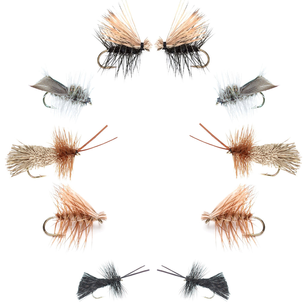 Basics Collection - Essential Caddis Dry Fly Assortment - 10 Dry Fishing Flies - 5 Patterns - Hook Sizes 12, 14, 16, 18