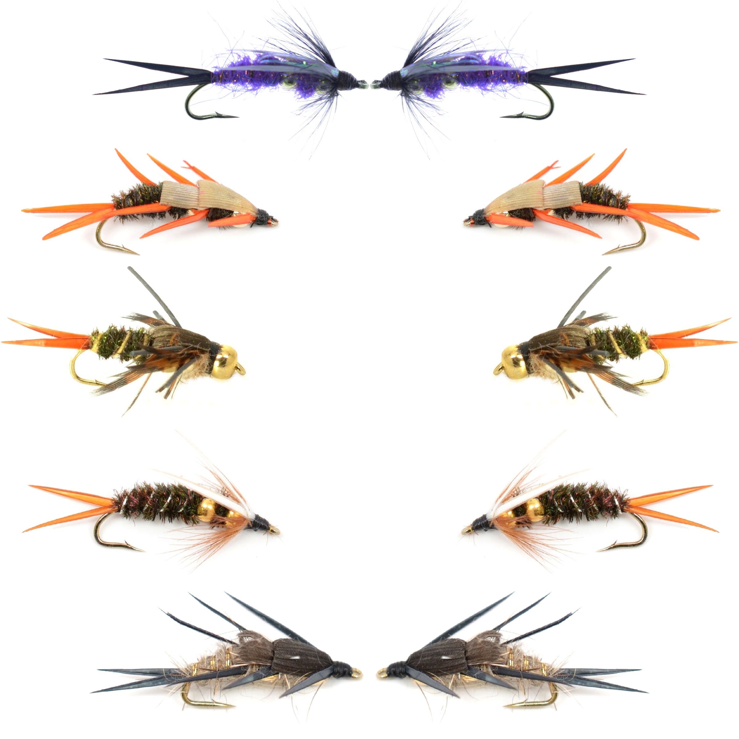 Basics Collection - Double Bead Head Nymph Assortment - 10 Wet Flies - 5 Patterns - Hook Size 14