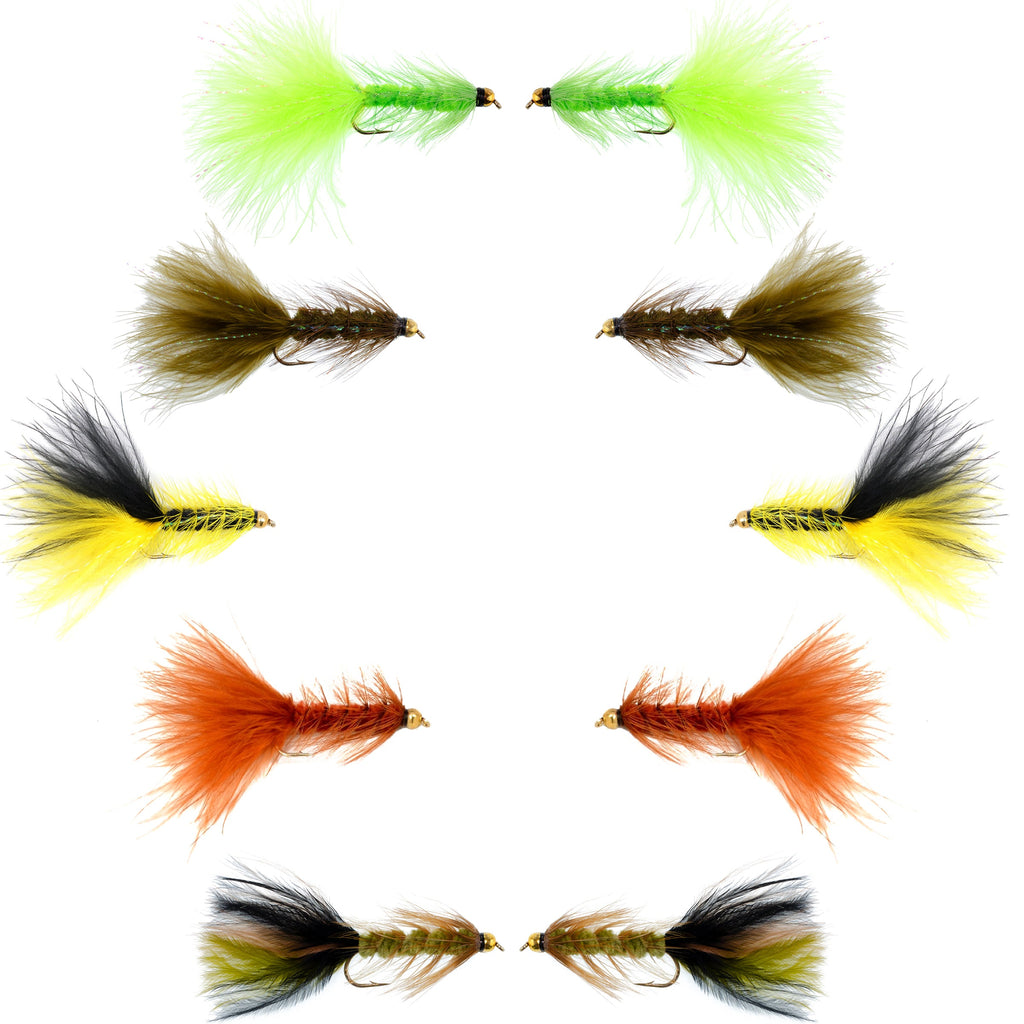 Basics Collection - Crystal Woolly Bugger Assortment - 10 Bead Head Wet Flies - 5 Patterns - Hook Size 4