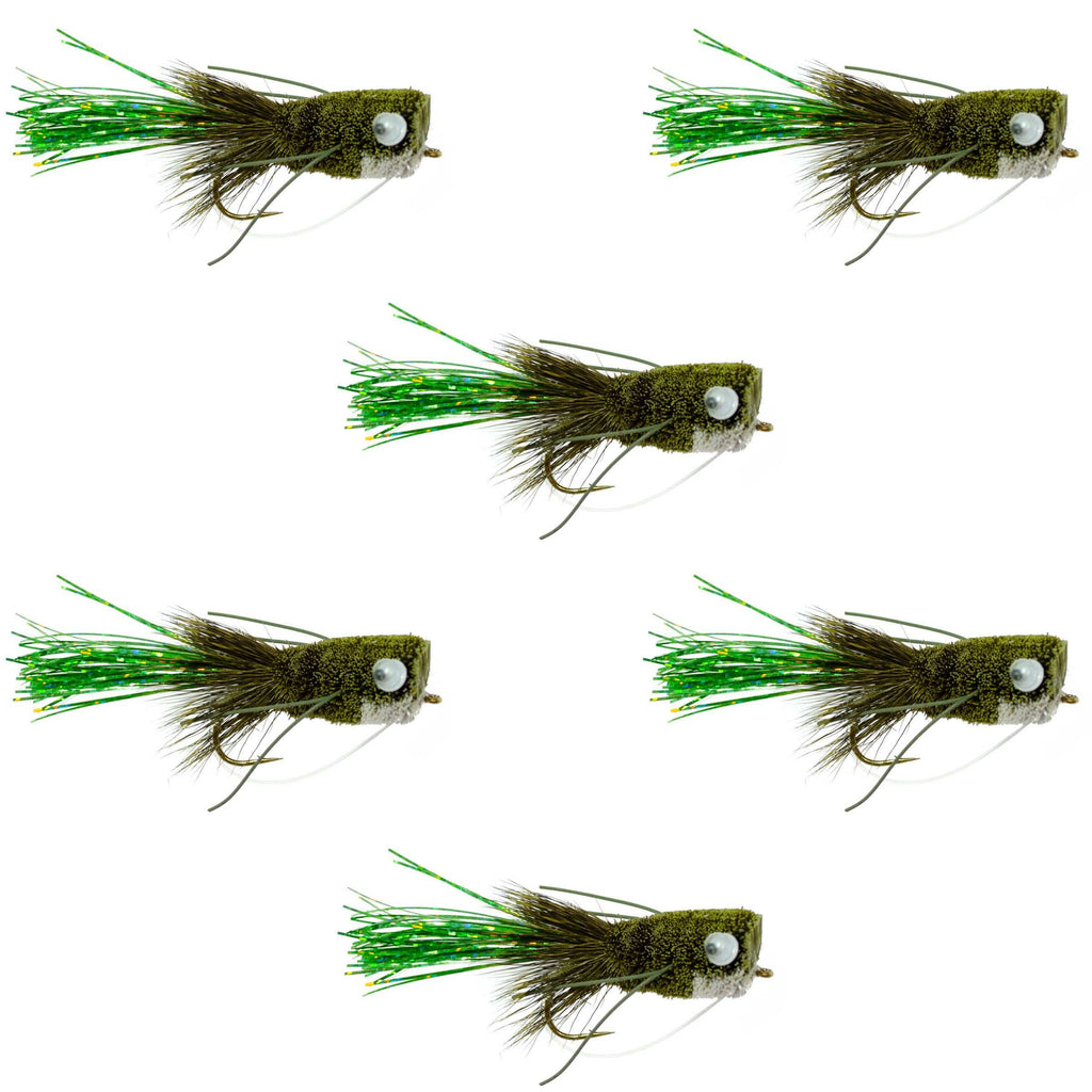 Flashtail Bass Popper 6 Flies Size 8 - Olive Bass Fly Fishing Bug Wide Gape Bass Hooks With Weed Guard