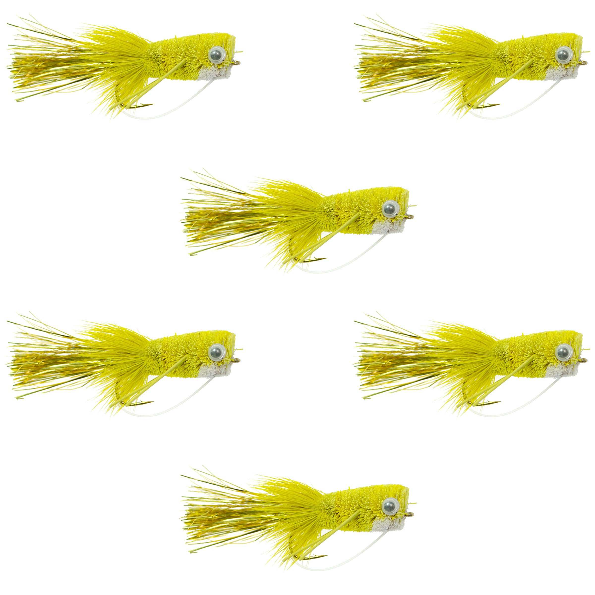 Flashtail Bass Popper  6 Flies Size 8 - Yellow Bass Fly Fishing Bug Wide Gape Bass Hooks With Weed Guard