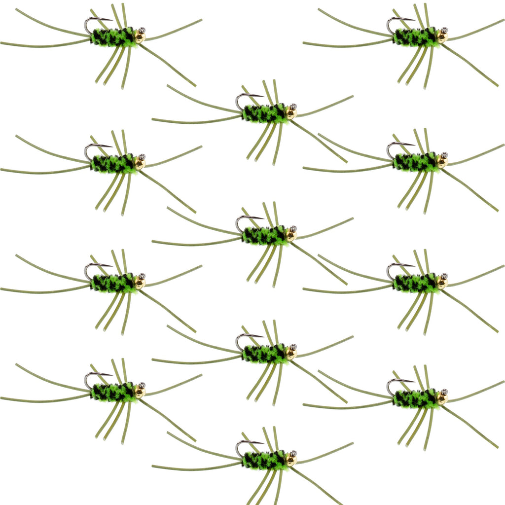 Barbless Pat's Rubber Legs Tungsten Bead Jigged Black/Chartreuse Euro Nymph  - Set of 12 Flies Hook Size 10
