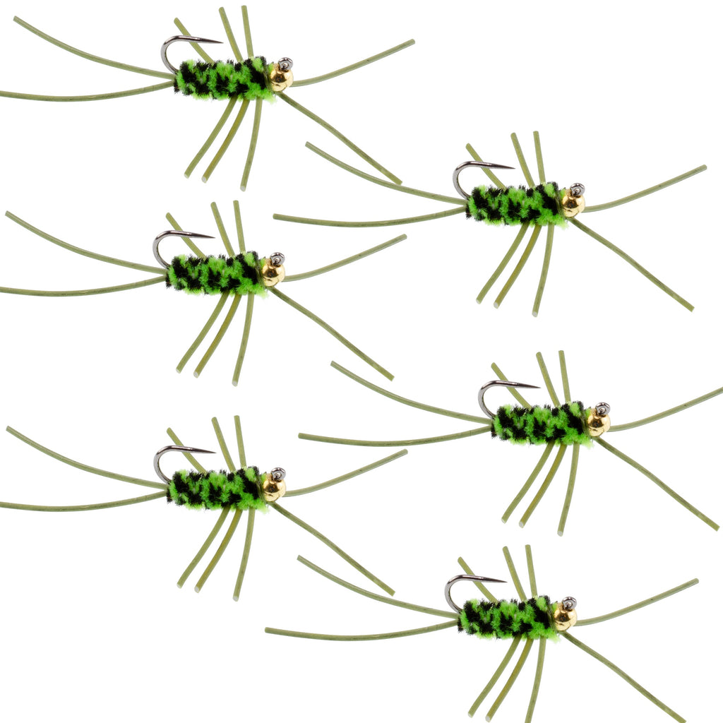 Barbless Pat's Rubber Legs Tungsten Bead Jigged Black/Chartreuse Euro Nymph  - Set of 6 Flies Hook Size 10