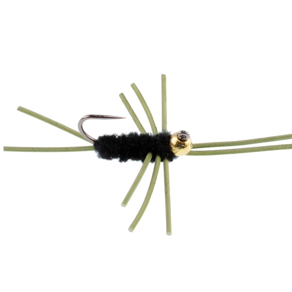 Barbless Pat's Rubber Legs Tungsten Bead Jigged Black Euro Nymph  - Set of 12 Flies Hook Size 10