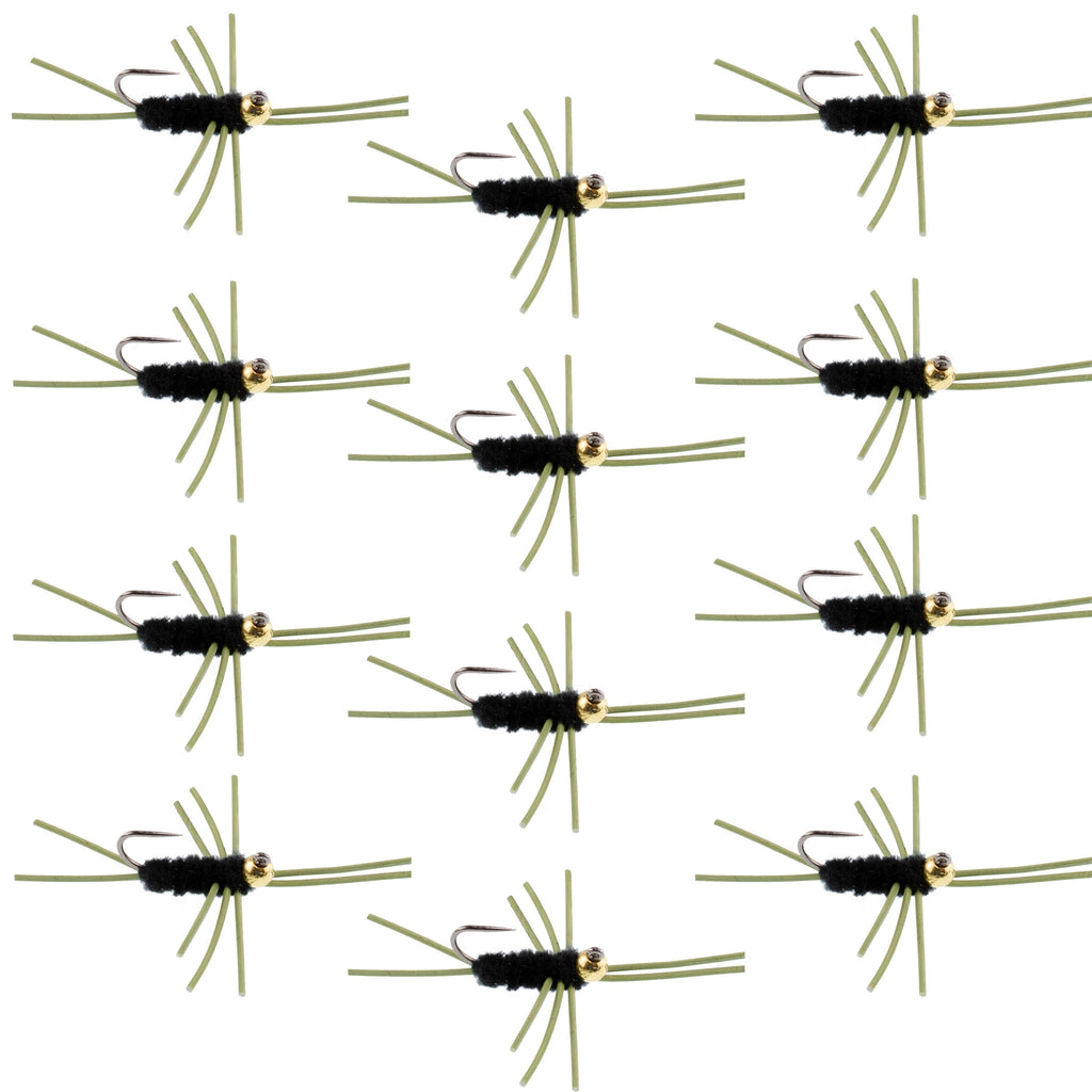 Barbless Pat's Rubber Legs Tungsten Bead Jigged Black Euro Nymph  - Set of 12 Flies Hook Size 10