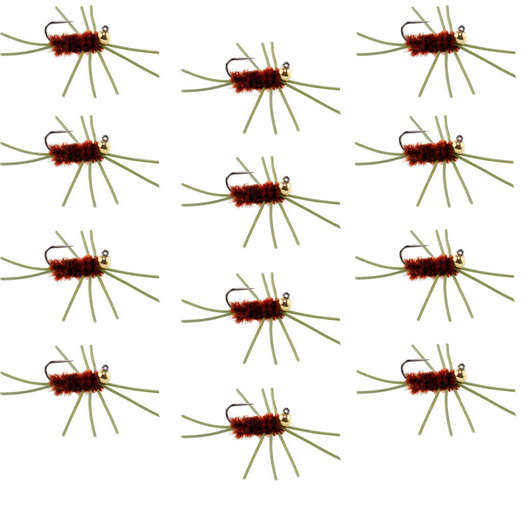 Barbless Pat's Rubber Legs Tungsten Bead Jigged Brown Euro Nymph  - Set of 12 Flies Hook Size 10