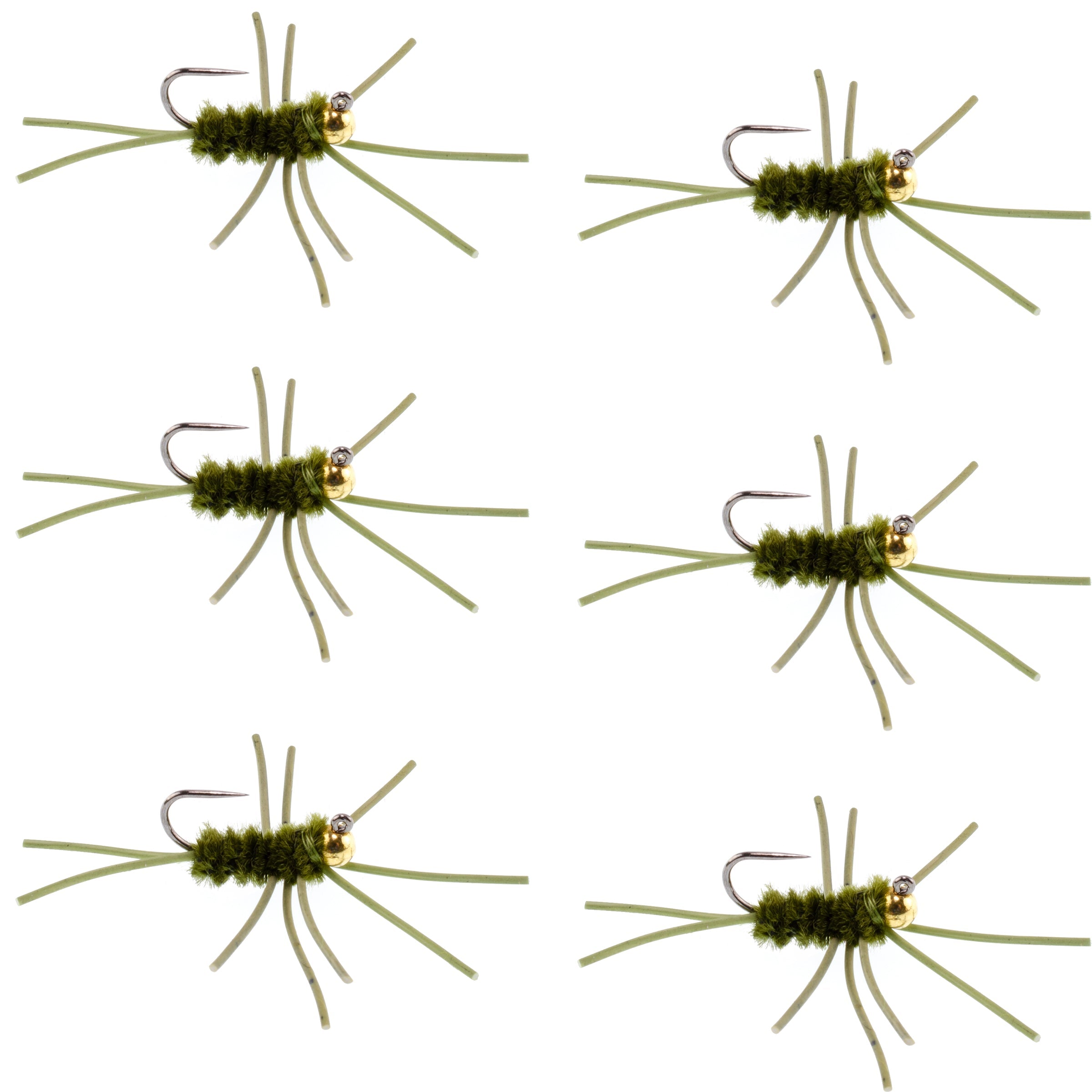 Barbless Pat's Rubber Legs Tungsten Bead Jigged Dark Olive Euro Nymph  - Set of 6 Flies Hook Size 10