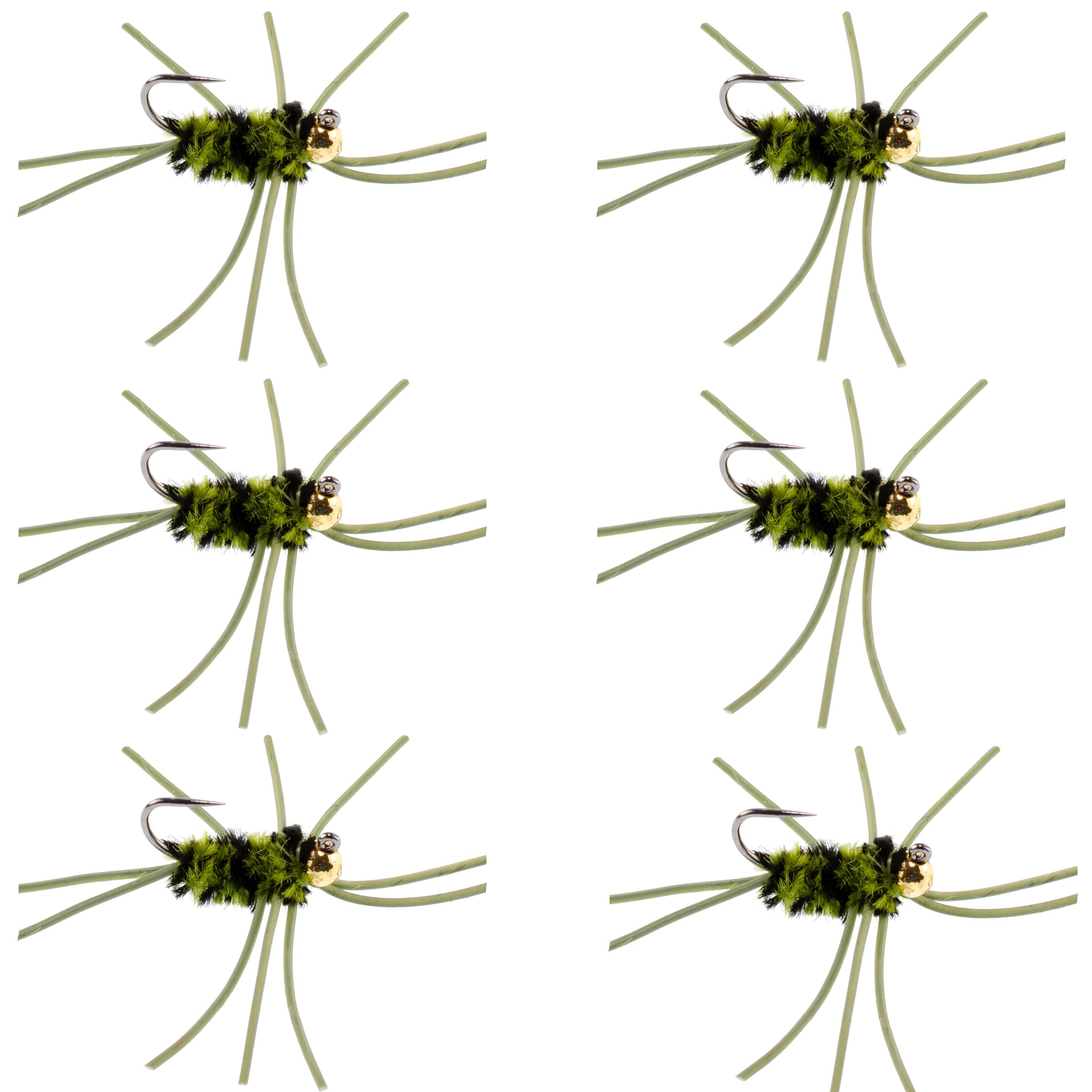 Barbless Pat's Rubber Legs Tungsten Bead Jigged  Olive/Black Euro Nymph  - Set of 6 Flies Hook Size 10