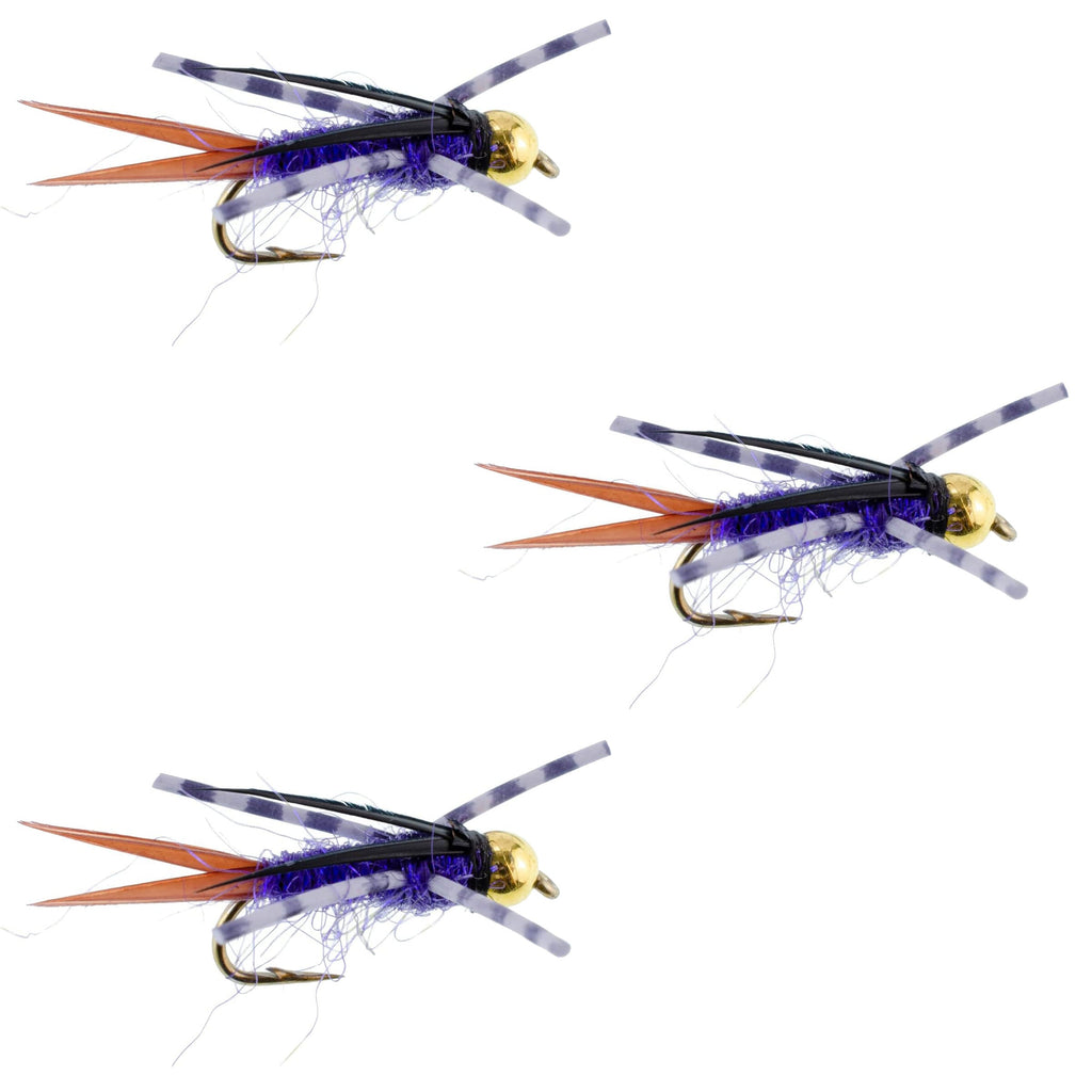 3 Pack Bead Head Purple Batman Rubber Legs Nymph Fly - Hook Size 14