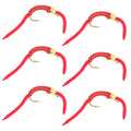 San Juan Worm Power Bead Gold Bead Red V-Rib - Set of 6 Nymph Flies Hook Size 12