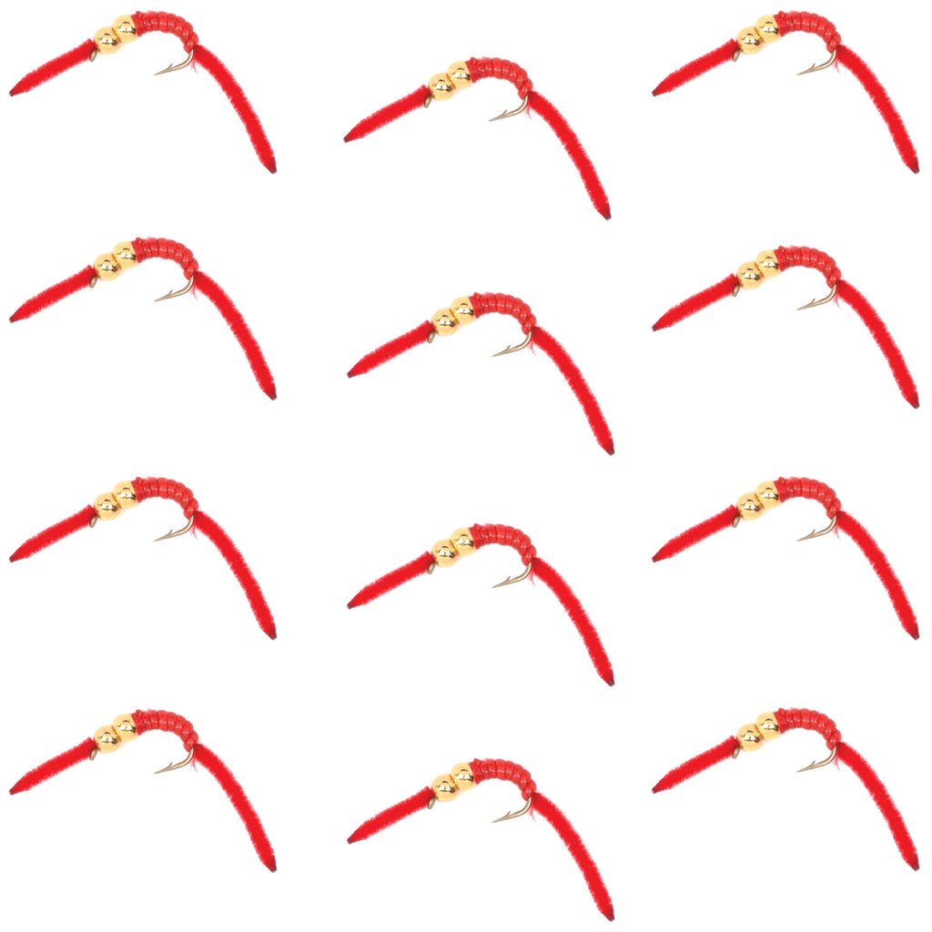 San Juan Double Bead Power Worm Red V-Rib - 1 Dozen Nymph Flies Hook Size 14
