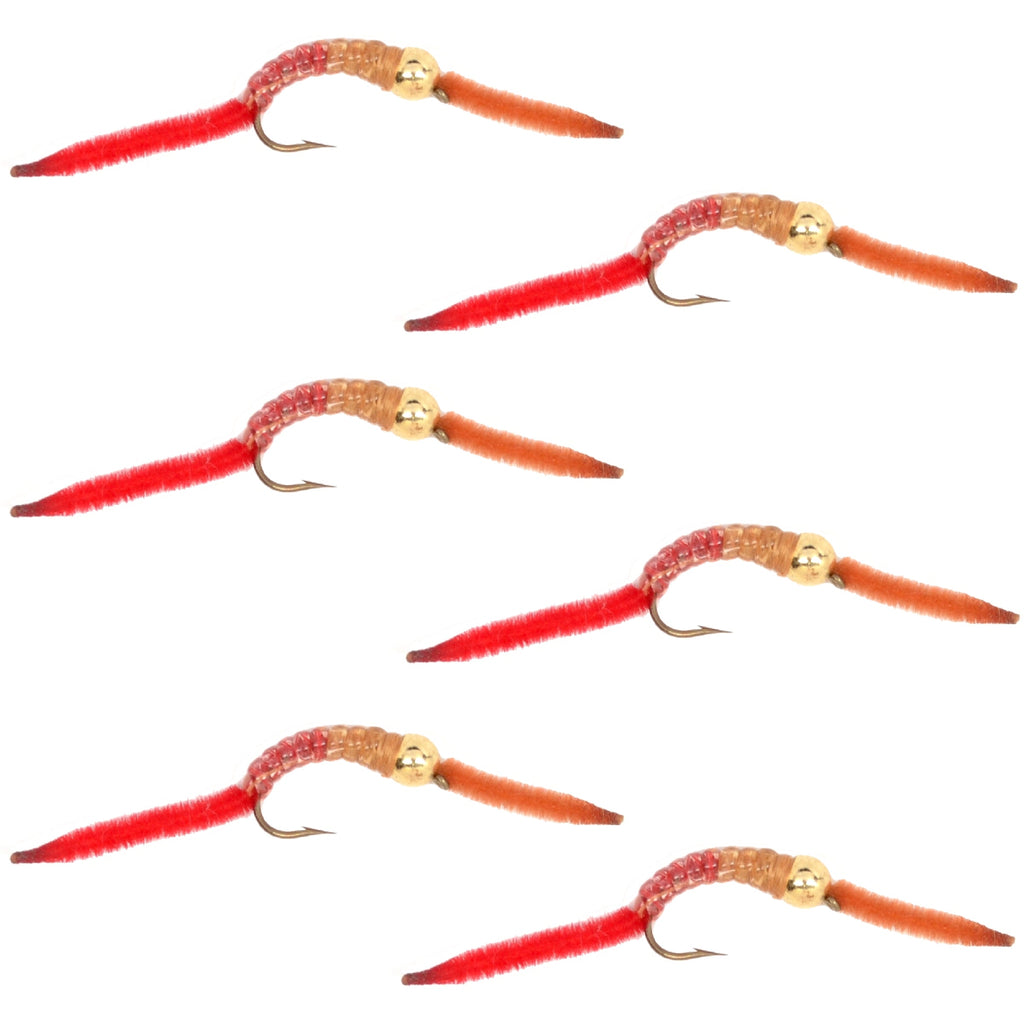 San Juan Worm Gold Bead Power Worm  Half and Half - Set of 6 Nymph Flies Hook Size 12