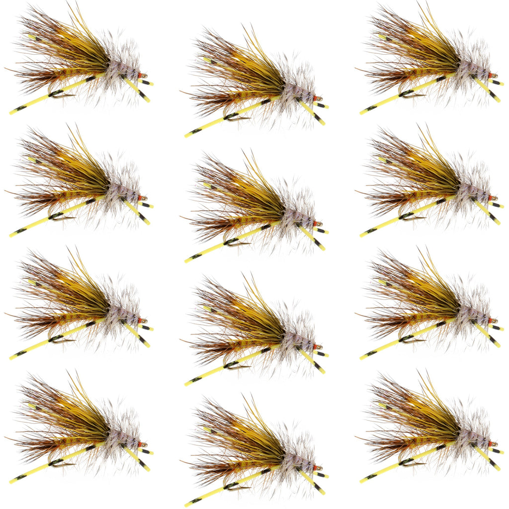 Kaufmann's Yellow Crystal Stimulator Rubber Legs Dry Fly - 1 Dozen Flies Hook Size 12