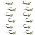 Tungsten Bead Hot Spot Pheasant Tail Tactical Jig Chartreuse Czech Nymph Euro Nymphing Fly - 1 Dozen Flies Size 18