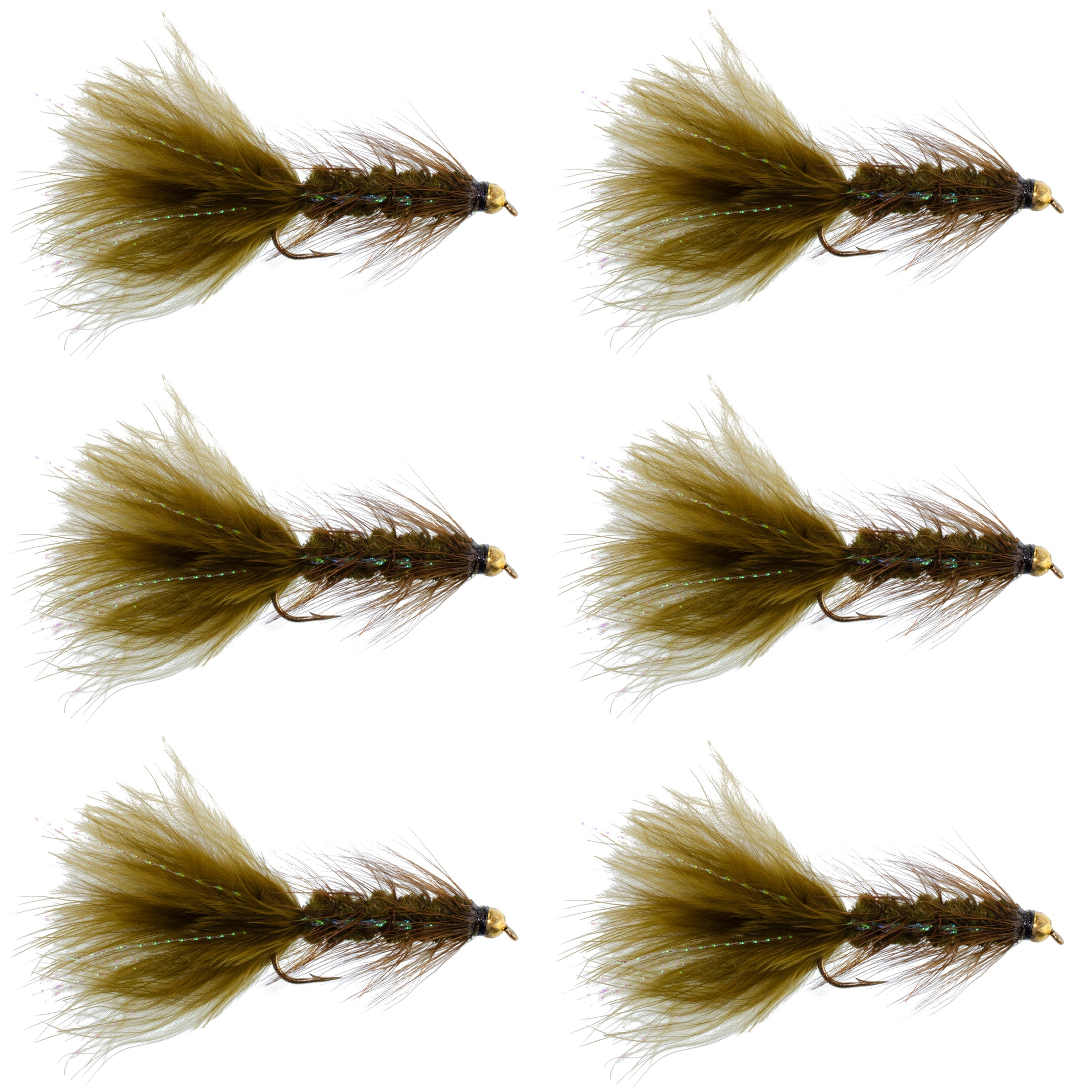 Dark Olive Bead Head Crystal Woolly Bugger Classic Streamer Flies - Set of 6 Trout Fly Fishing Flies - Hook Size 8