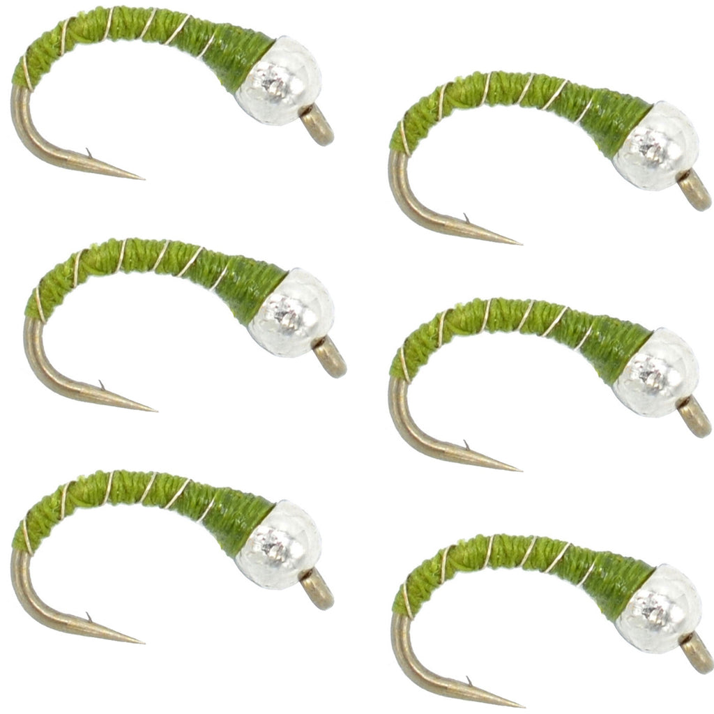 Bead Head Olive Zebra Midge Still Water Nymph Fly - 6 Flies Hook Size 14