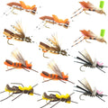Foam Hopper Fly Fishing Flies Assortment - 12 Flies - 2 Each of 6 Grasshopper Dropper Hopper with Fly Box